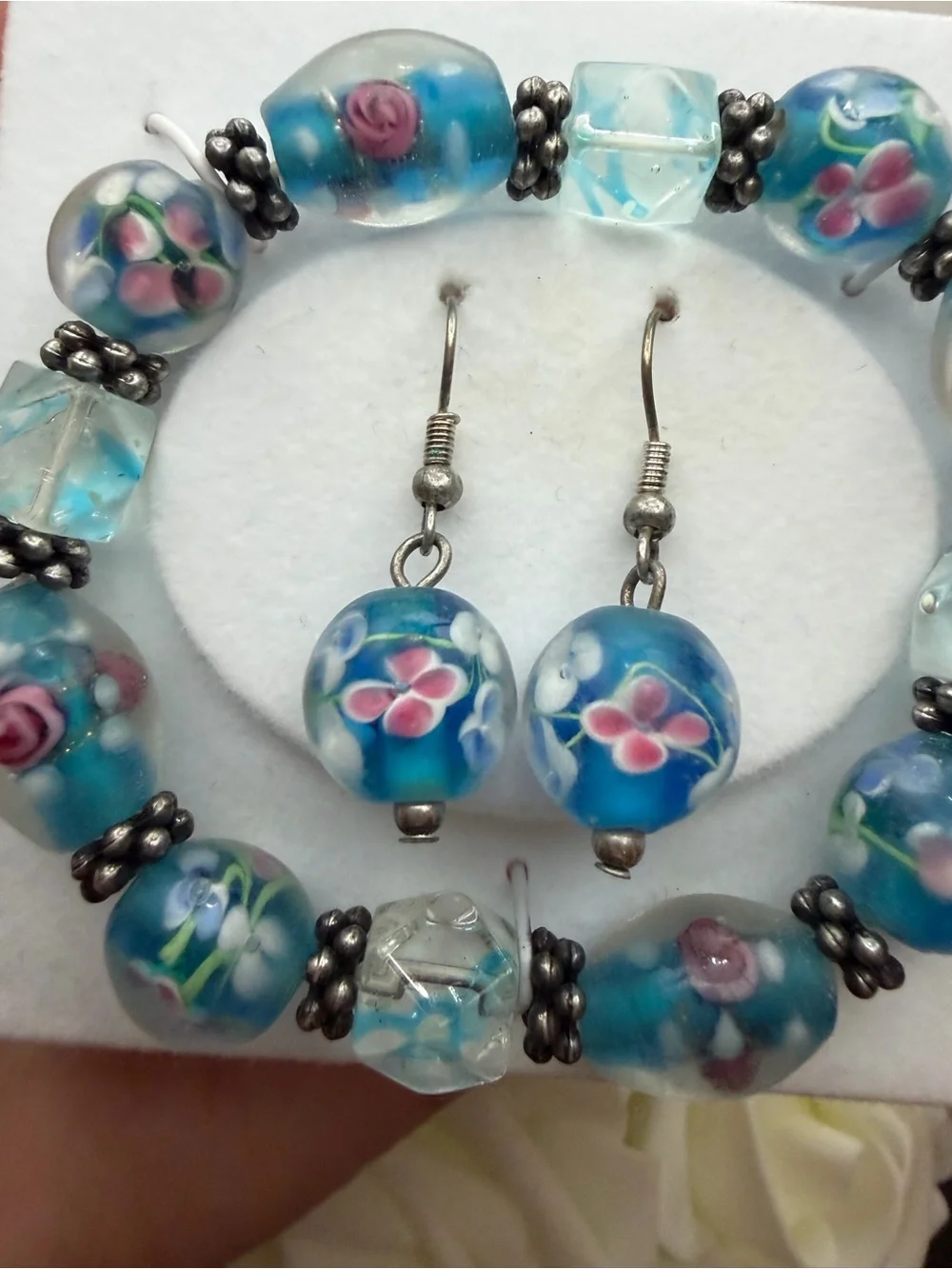 Handcrafted Floral Blue Glass Bead Bracelet & Earring Set